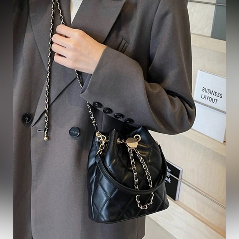 Black Quilted Mini Bucket Bag with Gold Chain Accent - Picture 8 of 13